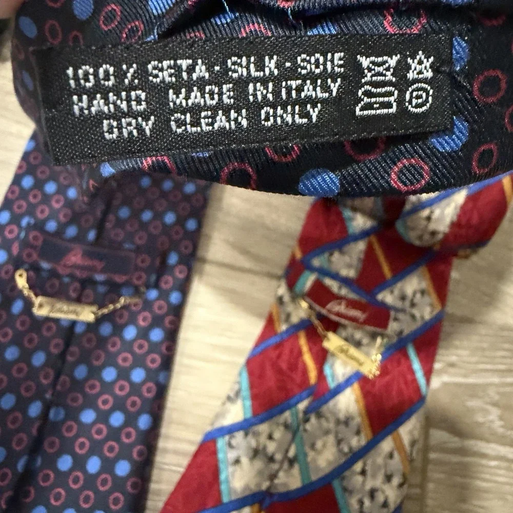 LOT OF 3 Brioni Italy Men's Silk Ties Blue Gold Floral Batik & Geometric Red_8